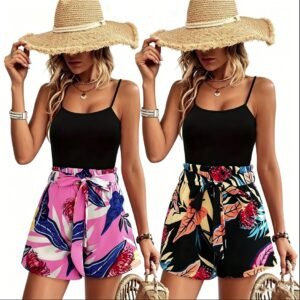 Boho Two-piece Cami Top Set Cami Top & Leaves Print Casual Beach Shorts 2pcs Outfits For Summer Spring, Women's Clothing